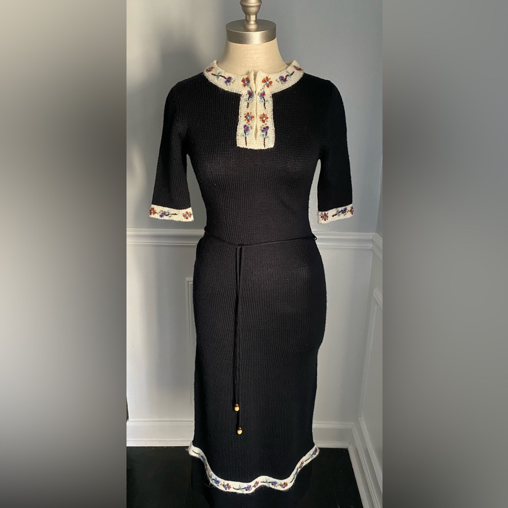 Henna Floral Embroidered Black Knit Maxi Dress